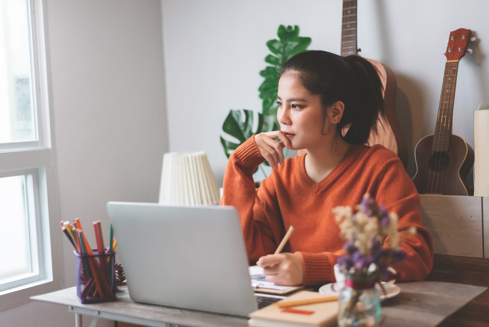 beautiful asian young woman creative freelancer working laptop computer working from home concept scaled