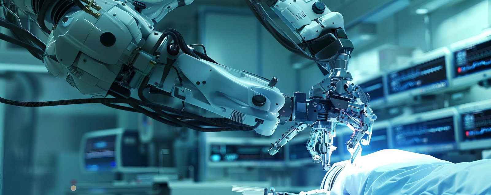 surgical robot performing delicate operation patient with surgeon guiding it remotely scaled