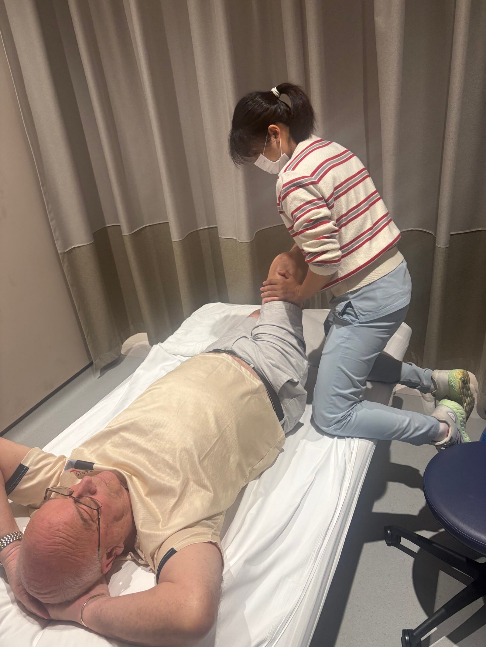 Steven Parker back at the hospital in Bangkok for rehabilitation, four weeks after his total knee replacement