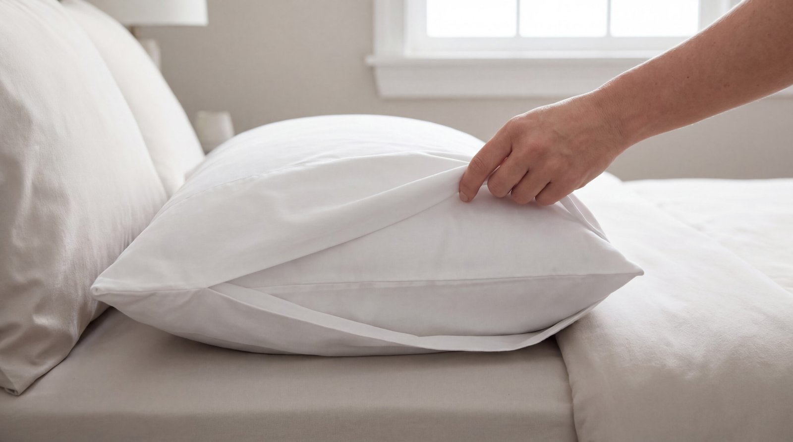 How to Sleep After a Knee Replacement 1 hand making bed changing white pillowcase preparing fresh bedding comfort hygiene scaled
